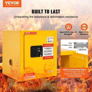 Flammable Safety Cabinet, 11 Gal, Cold-Rolled Steel Flammable Liquid Storage Cabinet,  16.9 x 16.9 x 18.2 in Explosion Proof with 1 Door for Industrial Use, NFPA Code 30 OSHA Standards Yellow