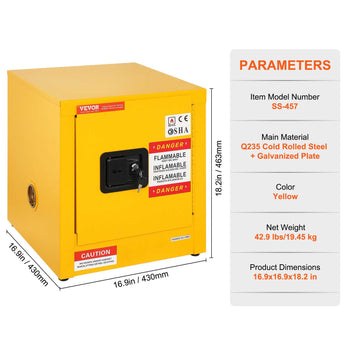 Flammable Safety Cabinet, 11 Gal, Cold-Rolled Steel Flammable Liquid Storage Cabinet,  16.9 x 16.9 x 18.2 in Explosion Proof with 1 Door for Industrial Use, NFPA Code 30 OSHA Standards Yellow