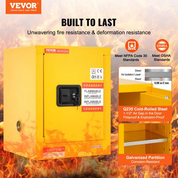 Flammable Safety Cabinet, 12 Gal, Cold-Rolled Steel Flammable Liquid Storage Cabinet, 16.9 x 16.9 x 22 in Explosion Proof with 1 Adjustable Shelf 1 Door for Commercial Industrial Use, Yellow