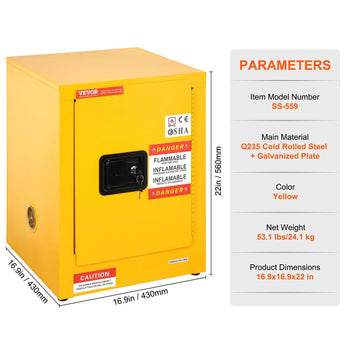 Flammable Safety Cabinet, 12 Gal, Cold-Rolled Steel Flammable Liquid Storage Cabinet, 16.9 x 16.9 x 22 in Explosion Proof with 1 Adjustable Shelf 1 Door for Commercial Industrial Use, Yellow