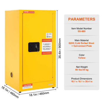 Flammable Safety Cabinet, 16 Gal, Cold-Rolled Steel Flammable Liquid Storage Cabinet, 18.1 x 18.1 x 35.4 in Explosion Proof with 2 Adjustable Shelves 1 Door for Commercial Industrial Use, Yellow