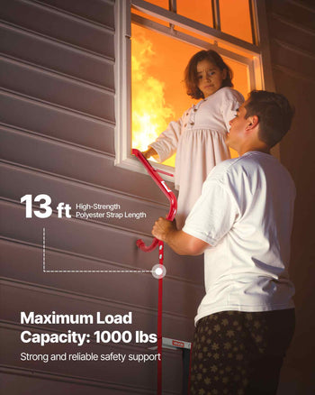 Fire Escape Ladder, 2-Story 13FT Retractable Emergency Fire Ladder, Lightweight Aluminum Alloy Safety Escape Ladders with Sturdy Polyester Strap, Anti-Slip Rung & Wide Steps, 1000LBS Max Loading