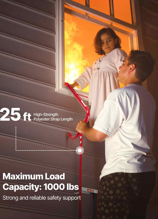 Fire Escape Ladder, 3-Story 25FT Retractable Emergency Fire Ladder, Lightweight Aluminum Alloy Safety Escape Ladders with Sturdy Polyester Strap, Anti-Slip Rung & Wide Steps, 1000LBS Max Loading