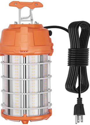 Orange LED work light with aluminum frame, protective cage, and 10-ft cord, ideal for outdoor and indoor illumination.
