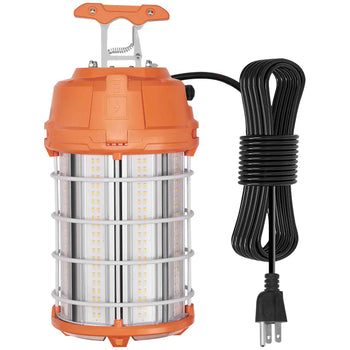 Orange LED work light with aluminum frame, protective cage, and 10-ft cord, ideal for outdoor and indoor illumination.