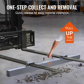 Heavy-duty metal debris collector with quick-release handle for easy material clearance, ideal for forklifts.