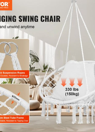 Hanging Hammock Swing Chair, 330 lbs Capacity, Macramé Hanging Chair with Cushion and Mounting Hardware, Cotton Rope Swing Chair for Bedroom, Balcony, Patio, Garden, White