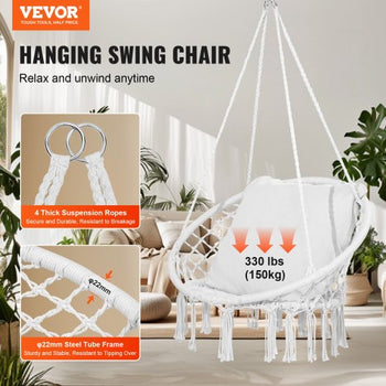 Hanging Hammock Swing Chair, 330 lbs Capacity, Macramé Hanging Chair with Cushion and Mounting Hardware, Cotton Rope Swing Chair for Bedroom, Balcony, Patio, Garden, White