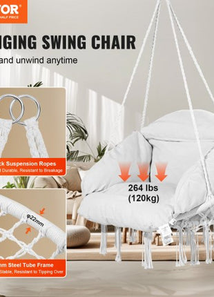 Hanging Hammock Swing Chair, Macramé Hanging Chair with Cushion and Mounting Hardware, Cotton Rope Swing Chair for Bedroom, Balcony, Patio, Garden, 264 lbs Capacity, White
