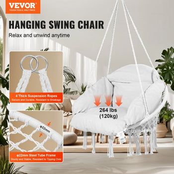 Hanging Hammock Swing Chair, Macramé Hanging Chair with Cushion and Mounting Hardware, Cotton Rope Swing Chair for Bedroom, Balcony, Patio, Garden, 264 lbs Capacity, White