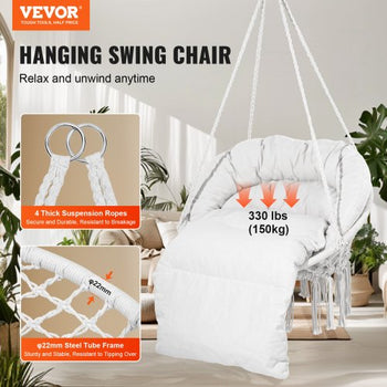 Hanging Hammock Swing Chair, 330 Lbs Capacity, Macramé Hanging Chair with Cushion and Mounting Hardware, Cotton Rope Swing Chair for Bedroom, Balcony, Patio, Garden, Beige