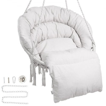 Hanging Hammock Swing Chair, 330 Lbs Capacity, Macramé Hanging Chair with Cushion and Mounting Hardware, Cotton Rope Swing Chair for Bedroom, Balcony, Patio, Garden, Beige
