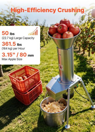 1100W Electric Fruit Apple Crusher, SUS304 Freestanding Crushing Machine, Grinds Whole Apples Up to 3.15" Dia, 164 KG/H Capacity, Cider Press for Apples, Pears, Pineapple, Guava, Carrot, Potato