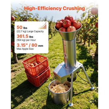 1100W Electric Fruit Apple Crusher, SUS304 Freestanding Crushing Machine, Grinds Whole Apples Up to 3.15" Dia, 164 KG/H Capacity, Cider Press for Apples, Pears, Pineapple, Guava, Carrot, Potato
