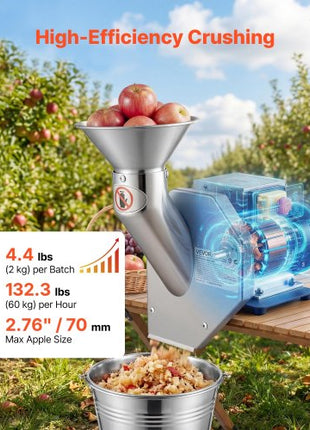 550W Electric Fruit Apple Crusher, SUS304 Desktop Crushing Machine, Grinds Whole Apples Up to 2.76" Dia, 60 KG/H Capacity, Cider Press for Apples, Pears, Pineapple, Guava, Carrot, Potato