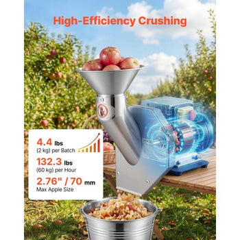 550W Electric Fruit Apple Crusher, SUS304 Desktop Crushing Machine, Grinds Whole Apples Up to 2.76" Dia, 60 KG/H Capacity, Cider Press for Apples, Pears, Pineapple, Guava, Carrot, Potato