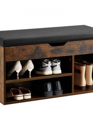 Entryway Shoe Bench, 31.7 x 12.0 x 17.5 Inch Shoe Storage Organizer with Lift Top Storage Space, 300lbs Bench with Cushion Seat and 3 Cabinets for Hallway, Living Room, Bedroom, Brown + Black