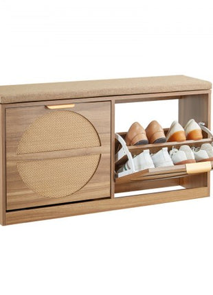Entryway Shoe Bench, 38.9 x 9.4 x 19.7 Inch Rattan-Like Shoes Bench with Flip Drawers, 440lbs Shoe Storage Rack with Cushion, 4 Compartments and Rattan Doors, for Hallway, Living Room, Bedroom