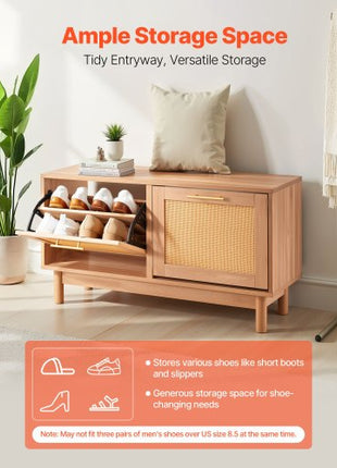 Entryway Shoe Bench, 39.4 x 11.8 x 20.9 Inch Rattan-Like Shoes Bench with 2 Flip Drawers, 300lbs Shoe Storage Rack with 4 Compartments and 2 Rattan Doors, for Hallway, Living Room, Bedroom