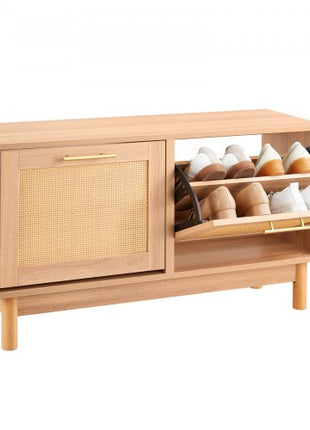 Entryway Shoe Bench, 39.4 x 11.8 x 20.9 Inch Rattan-Like Shoes Bench with 2 Flip Drawers, 300lbs Shoe Storage Rack with 4 Compartments and 2 Rattan Doors, for Hallway, Living Room, Bedroom