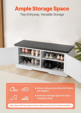 Shoe Storage Bench, 39.4 x 14.0 x 18.1 Inch Shoe Organizer with Padded Seat Cushion, Entryway Bench with 2 Barn Doors and Height Adjustable Shelf, for Hallway, Living Room, Bedroom, White+Black