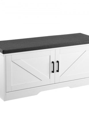 Shoe Storage Bench, 39.4 x 14.0 x 18.1 Inch Shoe Organizer with Padded Seat Cushion, Entryway Bench with 2 Barn Doors and Height Adjustable Shelf, for Hallway, Living Room, Bedroom, White+Black