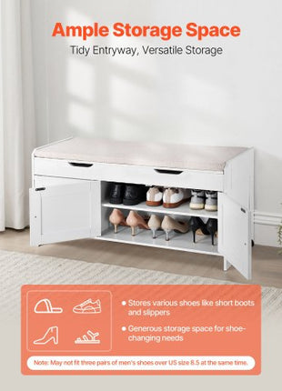 Shoe Bench, 41.3 x 13.8 x 19.8 Inch Entryway Bench with Lift Top Storage and Seat Cushion, 250lbs Shoe Rack with 3 Cabinets and Height Adjustable Shelf, for Bedroom, Hallway, White + Black