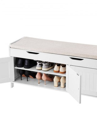 Shoe Bench, 41.3 x 13.8 x 19.8 Inch Entryway Bench with Lift Top Storage and Seat Cushion, 250lbs Shoe Rack with 3 Cabinets and Height Adjustable Shelf, for Bedroom, Hallway, White + Black
