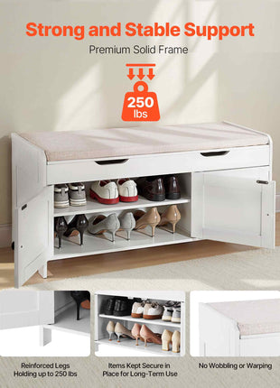 Shoe Bench, 41.3 x 13.8 x 19.8 Inch Entryway Bench with Lift Top Storage and Seat Cushion, 250lbs Shoe Rack with 3 Cabinets and Height Adjustable Shelf, for Bedroom, Hallway, White + Black