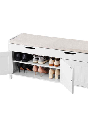 Shoe Bench, 41.3 x 13.8 x 19.8 Inch Entryway Bench with Lift Top Storage and Seat Cushion, 250lbs Shoe Rack with 3 Cabinets and Height Adjustable Shelf, for Bedroom, Hallway, White + Black