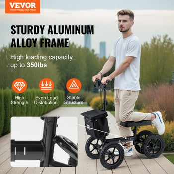Folding Knee Scooter, Aluminum Steerable Knee Walker with Height-Adjustable Handlebar & Knee Pad, 12" All-Terrain Wheels, Dual Brakes, Leg Recovery Scooter for Broken Ankle Foot Injuries, 350LBS