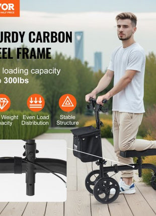 Folding Knee Scooter, Carbon Steel Steerable Knee Walker with Height-Adjustable Handlebar & Knee Pad, All-Terrain Solid Wheels, Dual Brakes, Leg Recovery Scooter for Broken Ankle Foot Injuries