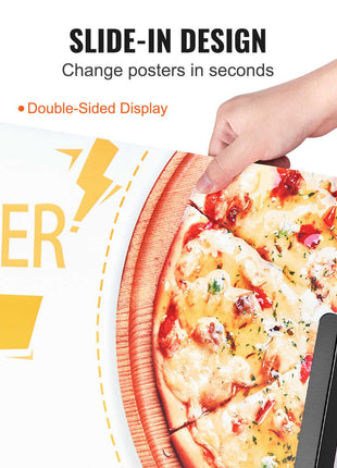 Double-sided black poster stand with slide-in design, perfect for changing marketing posters quickly and easily.