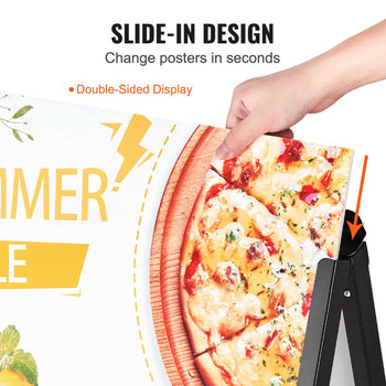 Double-sided black poster stand with slide-in design, perfect for changing marketing posters quickly and easily.