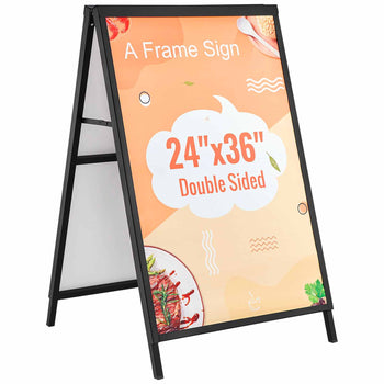 Black metal A-frame sign with double-sided 24"x36" display for menus or promotions, featuring a lightweight design.