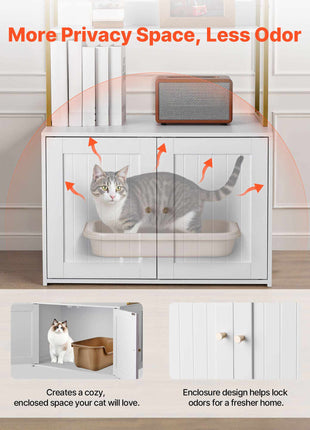 Cat Litter Box Enclosure Furniture, 27.6 in Hidden Litter Box Cabinet with Metal Legs & 2-Tier Storage Shelves, Waterproof Cat Washroom Cat House, Fit Most of Litterbox, for Living Room