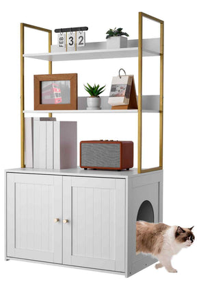 Cat Litter Box Enclosure Furniture, 27.6 in Hidden Litter Box Cabinet with Metal Legs & 2-Tier Storage Shelves, Waterproof Cat Washroom Cat House, Fit Most of Litterbox, for Living Room