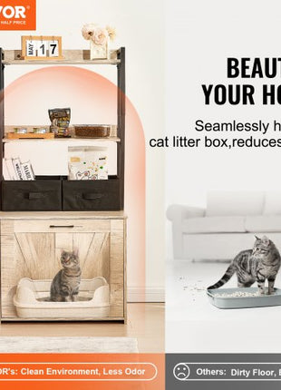 Cat Litter Box Enclosure, Hidden Litter Box Furniture with 2 Storage Shelves & 2 Baskets, Wooden Cat Washroom Indoor, Cat House Cabinet Fit Most of Litter Box, 23.6"L x 19.7"W x 50"H, Natural
