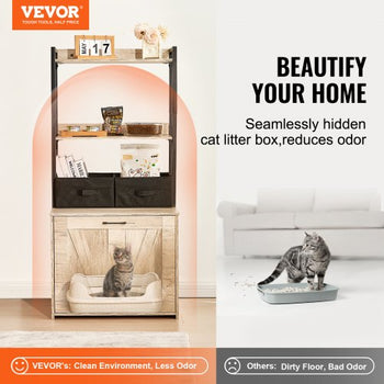 Cat Litter Box Enclosure, Hidden Litter Box Furniture with 2 Storage Shelves & 2 Baskets, Wooden Cat Washroom Indoor, Cat House Cabinet Fit Most of Litter Box, 23.6"L x 19.7"W x 50"H, Natural