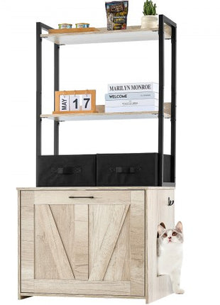 Cat Litter Box Enclosure, Hidden Litter Box Furniture with 2 Storage Shelves & 2 Baskets, Wooden Cat Washroom Indoor, Cat House Cabinet Fit Most of Litter Box, 23.6"L x 19.7"W x 50"H, Natural