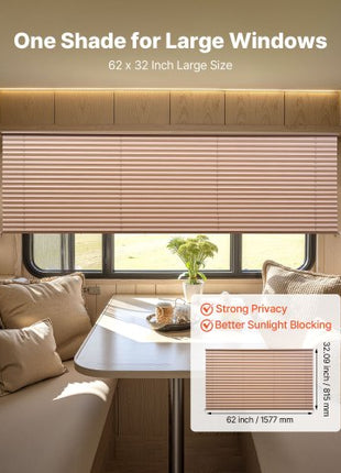 RV Blinds, 62 in x 32 in, RV Pleated Shades, Polyester Fabric, Easy to Clean and Install, Privacy Protection and Sunlight Blocking, for Camper, Travel Trailer, Motorhome Window, Cappuccino