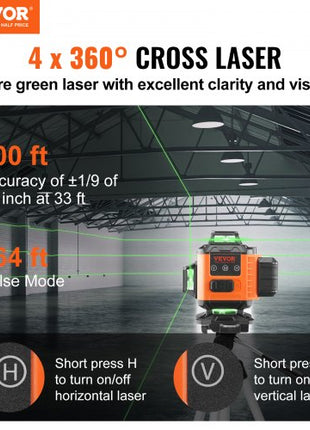 Laser Level, 100ft, Self Leveling Manual Green 4 x 360° Cross 16 Line Laser, IP54 Waterproof Manual Self-leveling Mode & 5h Continuous Working Time Line Laser, Battery Include