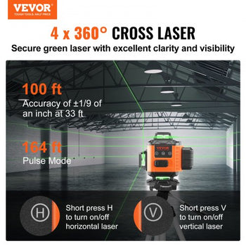 Laser Level, 100ft, Self Leveling Manual Green 4 x 360° Cross 16 Line Laser, IP54 Waterproof Manual Self-leveling Mode & 5h Continuous Working Time Line Laser, Battery Include