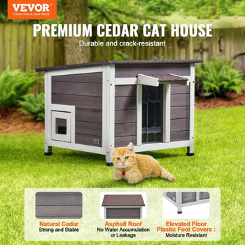 Outdoor Cat House Weatherproof, Feral Cat Shelter for Multiple Cats, Outdoor Wooden Cat Rabbit House with a Window, Open Roof and PVC Door Flaps, 24"L x 21"W x 18"H