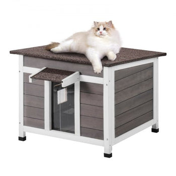Outdoor Cat House Weatherproof, Feral Cat Shelter for Multiple Cats, Outdoor Wooden Cat Rabbit House with a Window, Open Roof and PVC Door Flaps, 24"L x 21"W x 18"H