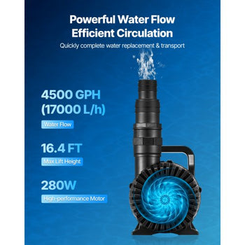 Submersible Water Pump, 280W 4500GPH, Aquarium Return Pump with 16.4 ft Lift Height & 180° Adjustable Flow Direction, Suitable for Pond, Aquarium, Fountain, Waterfall, and Fish Tank