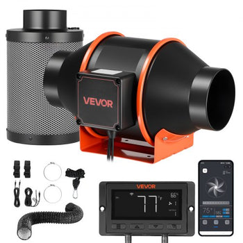 Inline Duct Fan Kit Carbon Filter, 205 CFM 4 inch EC Motor Exhaust Ventilation Fan with 10-Speed, PWM Controller, App Control, Timer, Cooling System for Grow Tent, Indoor Gardening, Hydroponics
