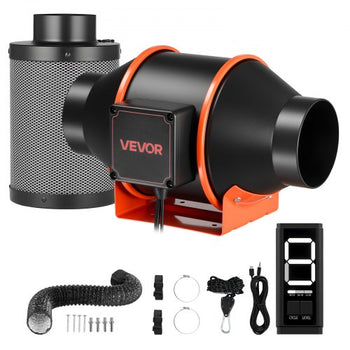 Inline Duct Fan Kit with Carbon Filter, 205 CFM 4 inch EC Motor Ventilation Fan with 3-Speed Circulation, 10-Speed PWM Controller, Timer, Cooling for Grow Tents, Indoor Gardening, Hydroponics