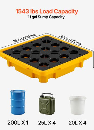 Spill Containment Pallet, 1 Drum Low Profile Spill Containment Modular Platform, 11.4 Gallon Sump, 1543 lbs Load Capacity, Heavy-Duty Polyethylene Tray with Drain, 26.4" x 26.6" x 5.9", Yellow