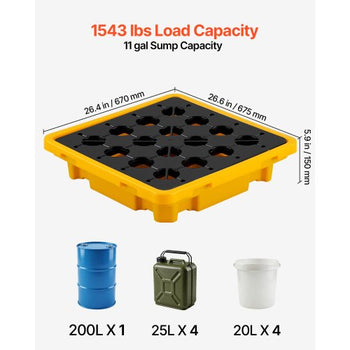 Spill Containment Pallet, 1 Drum Low Profile Spill Containment Modular Platform, 11.4 Gallon Sump, 1543 lbs Load Capacity, Heavy-Duty Polyethylene Tray with Drain, 26.4" x 26.6" x 5.9", Yellow